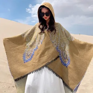 Women Bohemian Hooded Shawl Cloak Faux Cashmere Paisley Knitted Poncho Tassel Trim Winter Warm Scarf Wrap Cardigan Coat
