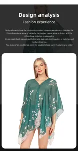 Gedetailleerde weergave van groene zijden sjaal met bloemen en elegante parelknoopsluiting