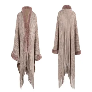 Detailed front and back views of a warm knitted shawl poncho with soft faux fur collar