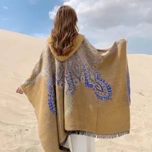 Bohemian yellow cashmere-like hooded knit shawl with blue fringe pattern for women