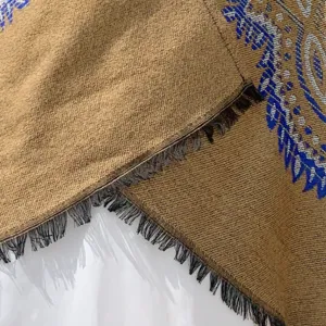 Detail shot of warm faux cashmere shawl with blue paisley pattern and fringe edge