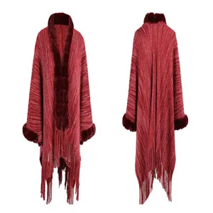 Detailed front and back view of a warm red knitted shawl featuring a faux fur collar and tassels