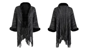 Front and back view of grey knitted poncho with black faux fur collar and fringe