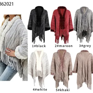 Women Faux Fur Collar Knitted Shawl Poncho Open Front Cardigan Tassel Hem Warm Polyester Wrap Oversized Autumn Winter Cape