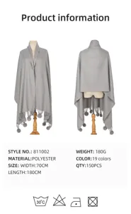 Grauer Strickschal mit Bommeln Vorder- und Rückseite plus 180x70cm Produktdetails