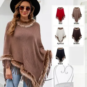Elegant women's knitted tassel poncho with faux fur collar available in multiple colors