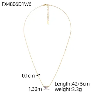 Detail view of gold necklace with lavender and clear crystal heart pendant, 42+5cm length.