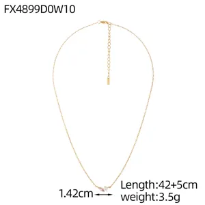Detail view of a gold titanium steel necklace with pink zircon and pearl charm