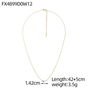 Minimalist titanium steel necklace featuring a marquise zircon and pearl with measurements.