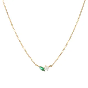 Elegant gold titanium steel necklace with marquise green zircon and pearl pendant