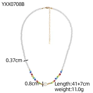 Detailed view of colorful beaded Bohemian necklace with white pearl and size info