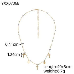 Detailed view of handmade Bohemian beaded necklace with cross charms and size dimensions