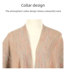 Detailed view of the v-neck collar on a colorful knitted shawl poncho