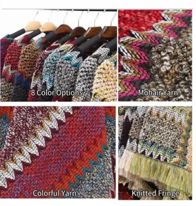 Close-up detail of ethnic knit poncho showing colorful mohair yarn and fringe.