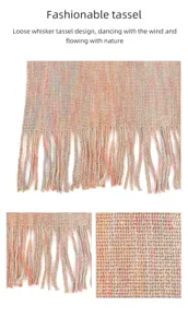 Close-up detail of knitted shawl showing colorful tassels and woven texture