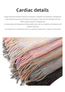 Close-up detail showing the intricate texture and colorful tassels of a knitted shawl