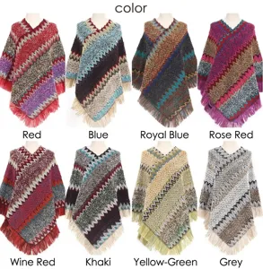 Showcasing a variety of colorful ethnic knit ponchos with wave patterns and fringe detailing.