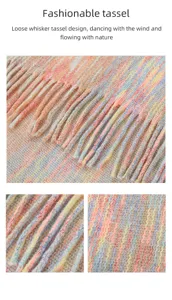Detailed macro view of colorful knitted tassel design on soft autumn winter shawl fabric