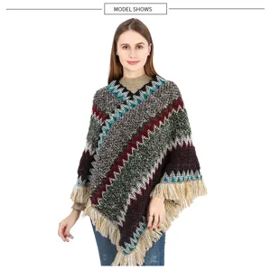 Bohemian ethnic knit poncho with colorful zigzag patterns and fringe tassels for women