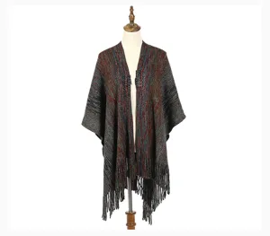 Elegant autumn winter warm knitted poncho shawl for women with stylish fringe detail