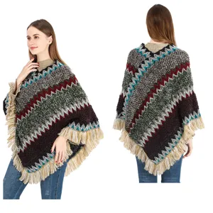 Front and back view of a colorful ethnic style knitted poncho featuring fringe tassel trim