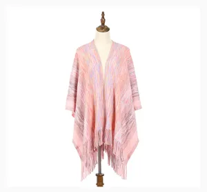 Warm knitted color-blocked shawl with decorative fringes, elegant winter poncho for women