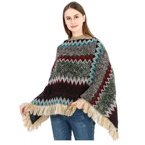 Colorful ethnic style knit poncho with zigzag pattern and fringe tassels for women