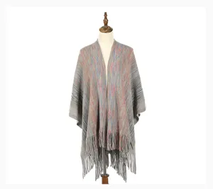 Stylish multicolor knit shawl poncho for women featuring decorative long fringe tassels