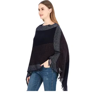 Élégant châle poncho en maille chaude avec fil de soie coloré et franges pour femmes