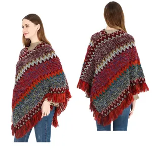 Detailed front and back view of colorful ethnic knit poncho with fringe tassels