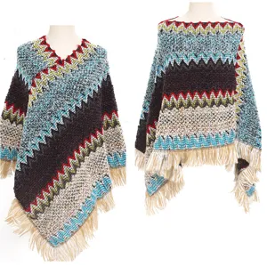 Colorful ethnic knitted poncho cloak with tassel hem for women winter fashion.