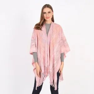 Women Winter Knitted Shawl Wrap Tassel Poncho Open Front Polyester Striped Cape Fashion Warm Outdoor Scarf Shawl For Daily Wear