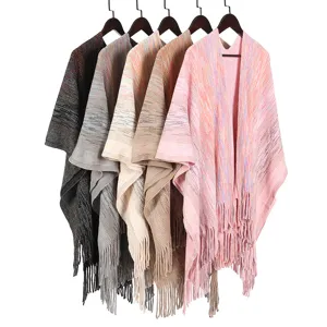 Autumn winter warm knitted shawl poncho with fringe tassels for women in multiple colors