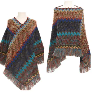 Detailed view of a colorful ethnic knitted poncho with zigzag patterns and soft tassels.