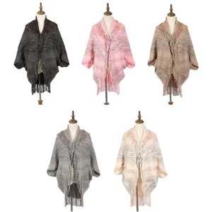 Warm knitted poncho shawls for women with fringe trim in five various color options