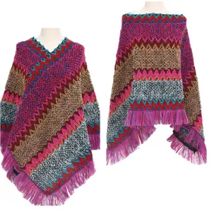 Colorful ethnic style knit poncho with fringe details and zigzag patterns for women