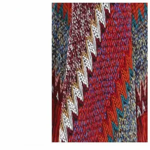 Detailed macro view of colorful ethnic knitted poncho fabric with intricate yarn textures