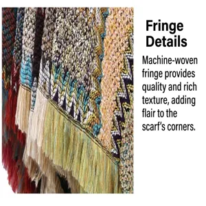 Close-up of colorful ethnic knit poncho fringe with detailed zigzag patterns and textures.