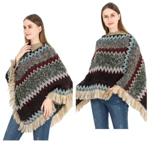 Women's ethnic style knitted poncho with colorful zigzag pattern and warm tassels