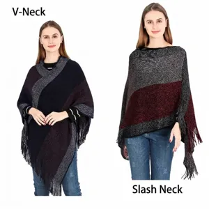 Châle poncho d'hiver tricoté avec franges en styles col en V et col bateau chic