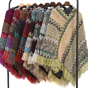Colorful ethnic style knitted poncho cape with fringes for women's winter warm shawl