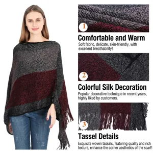 Poncho châle en tricot d'hiver avec détails en soie colorée et glands