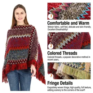 Colorful ethnic style knitted pullover poncho featuring zig-zag patterns and red fringe details