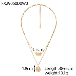 Detailed product view of a gold layered necklace showing dimensions and weight measurements