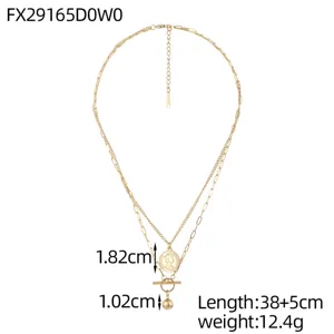 Triple-layer gold necklace with coin pendant and OT buckle measurements detail.