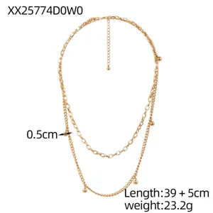 Detailed view showing measurements and weight of gold layered necklace with ball charms