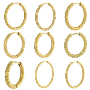 Grid detail showing nine styles of gold-plated stainless steel hoop earrings textures