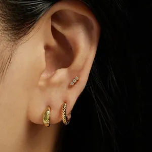 Elegant gold-plated titanium steel earring set with green gemstone and textured hoops
