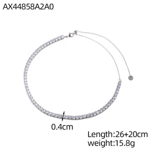 Collana tennis a fila singola con zirconi, larghezza 0,4 cm, lunghezza regolabile, finitura argento