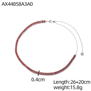 Elegante collana con fila singola di zirconi rossi, larghezza 0,4 cm, lunghezza 26+20 cm